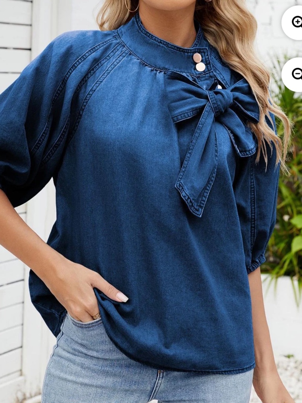 Denim Blouse Bow Tie ButtonUp Mock Neck Jean Shirt Elastic Puff Sleeve Loose Fit - Picture 5 of 7